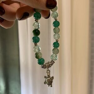 Green Beaded Bracelet with Turtle Charm